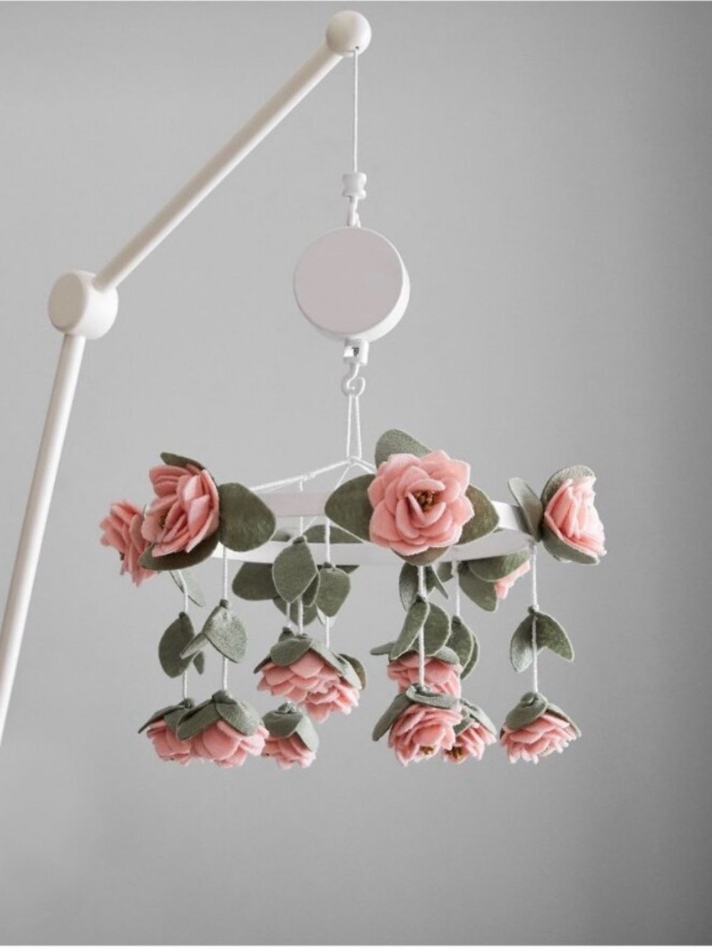 Pottery Barn Pink Felted Roses Baby Crib Mobile AND Mobile Arm